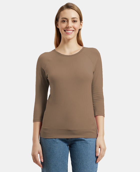 Super Combed Cotton Viscose Elastane Stretch Regular Fit Solid Round Neck Three Quarter Sleeve T-Shirt - Taupe Grey