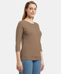 Super Combed Cotton Viscose Elastane Stretch Regular Fit Solid Round Neck Three Quarter Sleeve T-Shirt - Taupe Grey