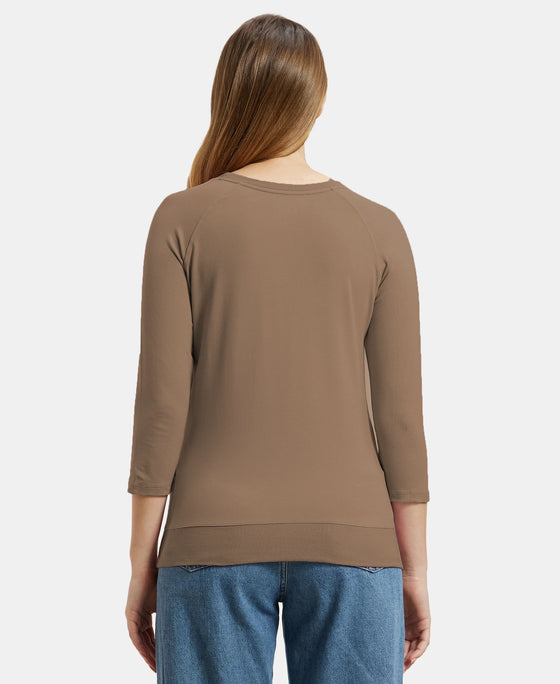 Super Combed Cotton Viscose Elastane Stretch Regular Fit Solid Round Neck Three Quarter Sleeve T-Shirt - Taupe Grey