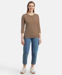 Super Combed Cotton Viscose Elastane Stretch Regular Fit Solid Round Neck Three Quarter Sleeve T-Shirt - Taupe Grey