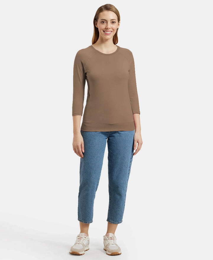 Super Combed Cotton Viscose Elastane Stretch Regular Fit Solid Round Neck Three Quarter Sleeve T-Shirt - Taupe Grey
