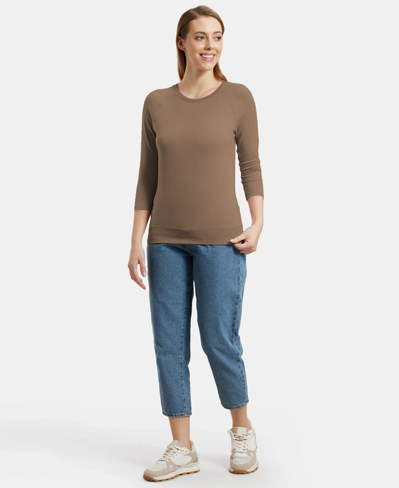 Super Combed Cotton Viscose Elastane Stretch Regular Fit Solid Round Neck Three Quarter Sleeve T-Shirt - Taupe Grey