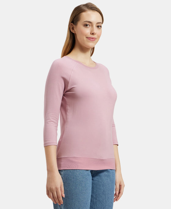 Super Combed Cotton Viscose Elastane Stretch Regular Fit Solid Round Neck Three Quarter Sleeve T-Shirt - Lilas