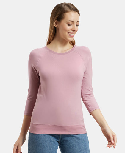 Super Combed Cotton Viscose Elastane Stretch Regular Fit Solid Round Neck Three Quarter Sleeve T-Shirt - Lilas