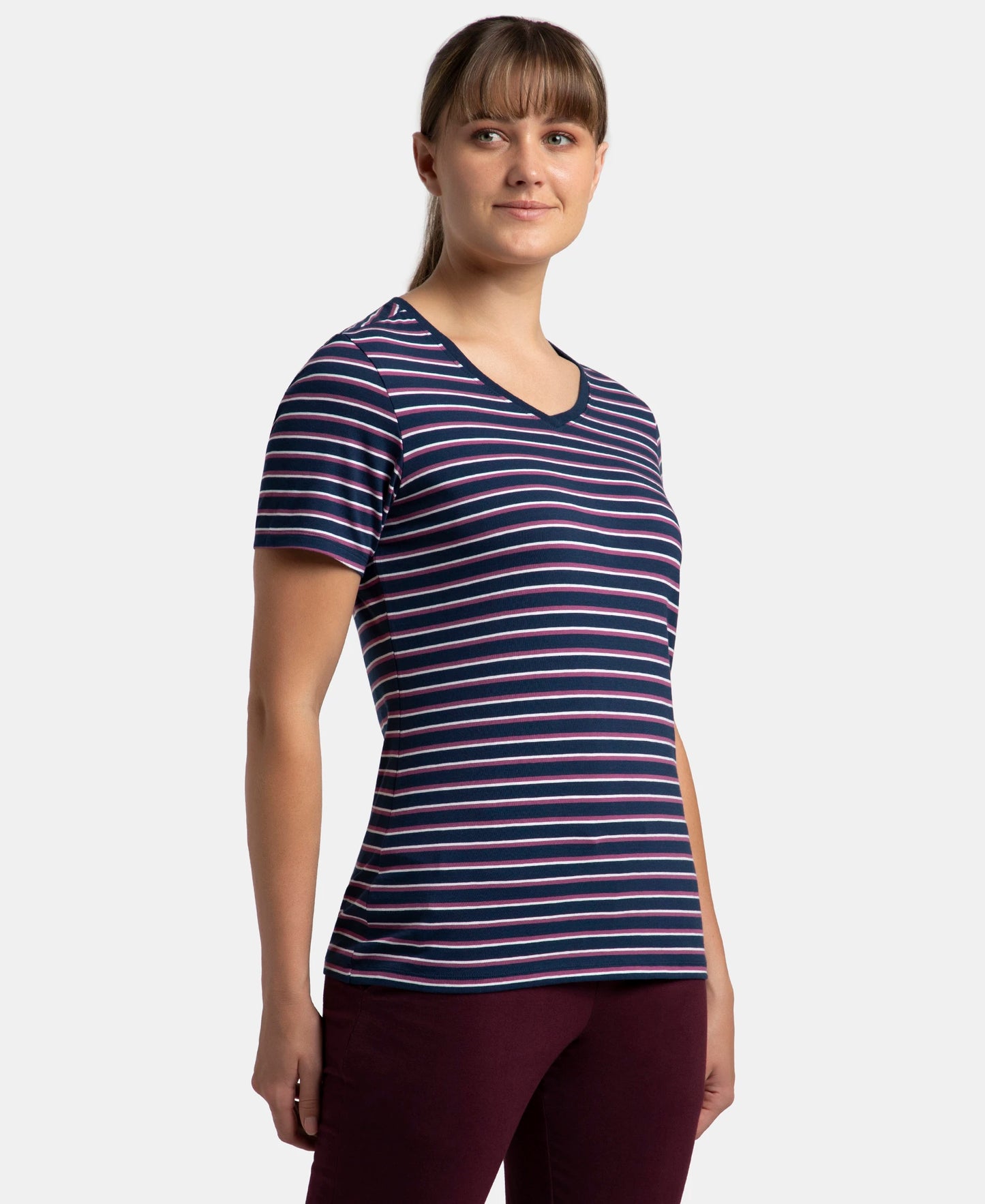 Super Combed Cotton Elastane Stretch Regular Fit Yarn Dyed Striped V Neck Half Sleeve T-Shirt - Pageant Blue