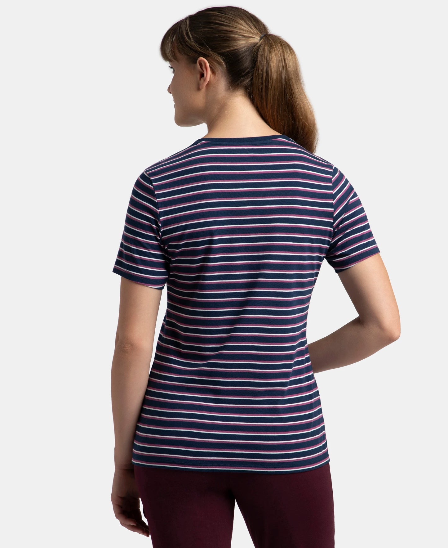 Super Combed Cotton Elastane Stretch Regular Fit Yarn Dyed Striped V Neck Half Sleeve T-Shirt - Pageant Blue