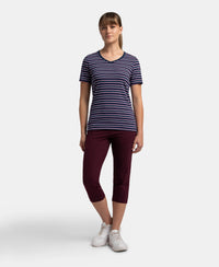 Super Combed Cotton Elastane Stretch Regular Fit Yarn Dyed Striped V Neck Half Sleeve T-Shirt - Pageant Blue