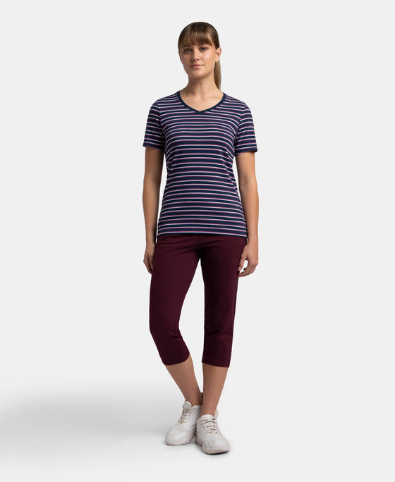 Super Combed Cotton Elastane Stretch Regular Fit Yarn Dyed Striped V Neck Half Sleeve T-Shirt - Pageant Blue