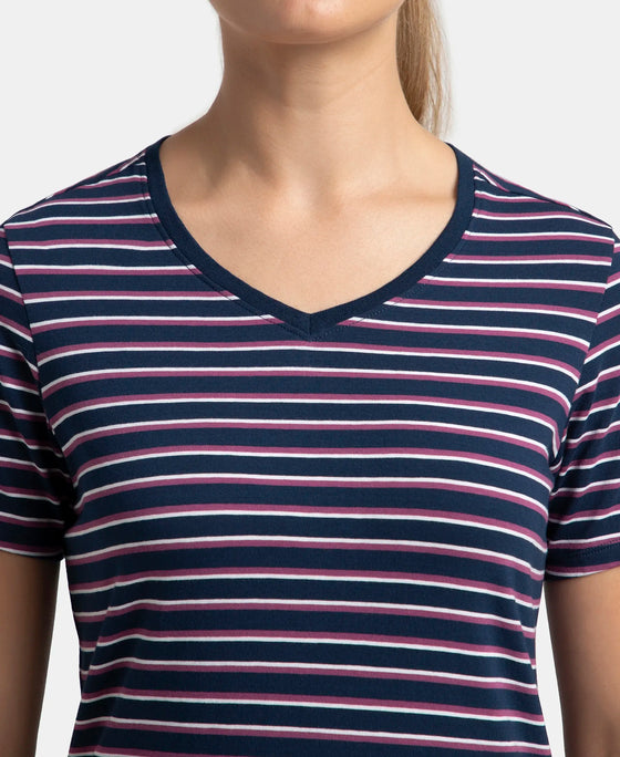 Super Combed Cotton Elastane Stretch Regular Fit Yarn Dyed Striped V Neck Half Sleeve T-Shirt - Pageant Blue