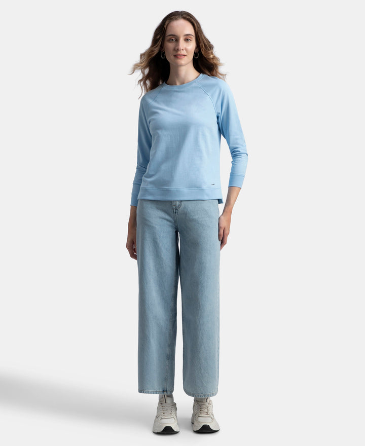 Super Combed Cotton Rich French Terry Fabric Solid Sweatshirt with Raglan Sleeve Styling - Powder Blue