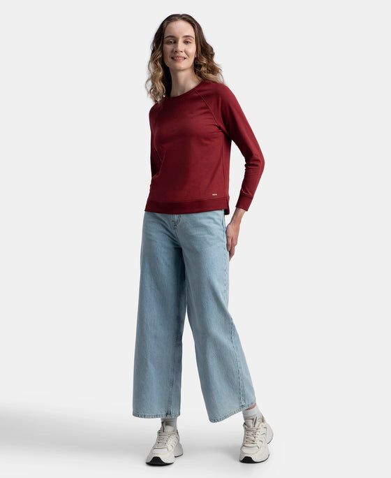 Super Combed Cotton Rich French Terry Fabric Solid Sweatshirt with Raglan Sleeve Styling - Pomegranate