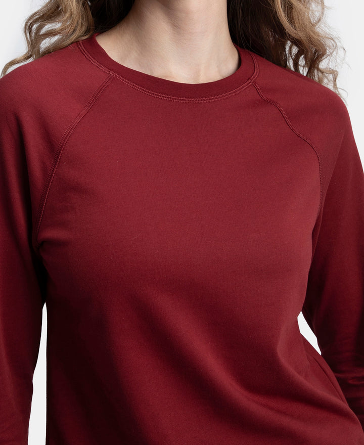 Super Combed Cotton Rich French Terry Fabric Solid Sweatshirt with Raglan Sleeve Styling - Pomegranate