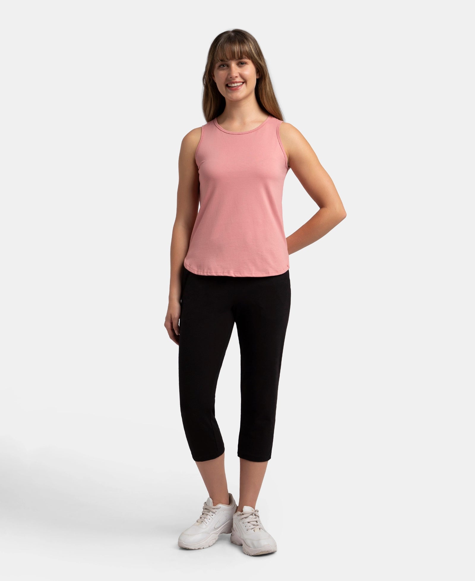 Super Combed Cotton Rich Solid Curved Hem Styled Tank Top - Brandied Apricot