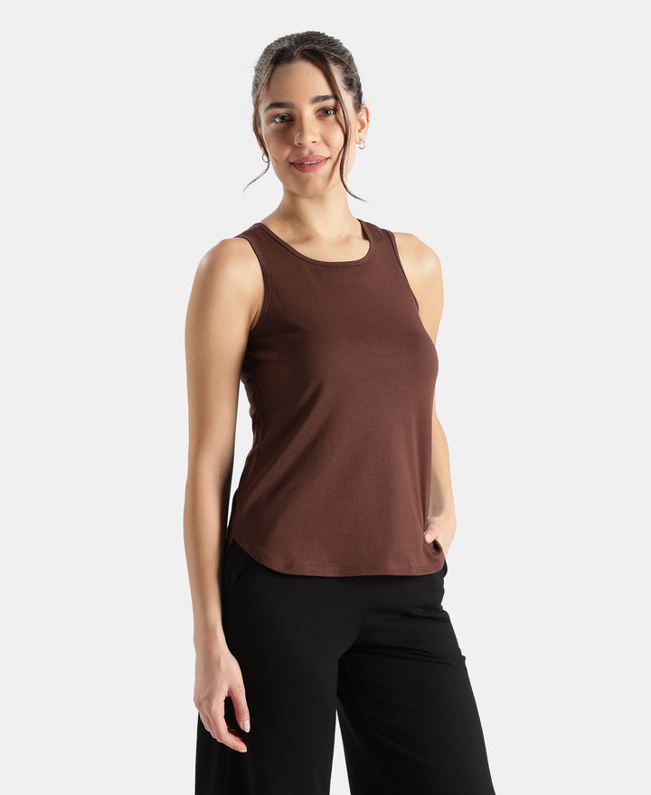 Super Combed Cotton Rich Solid Curved Hem Styled Tank Top - Chicory Coffee
