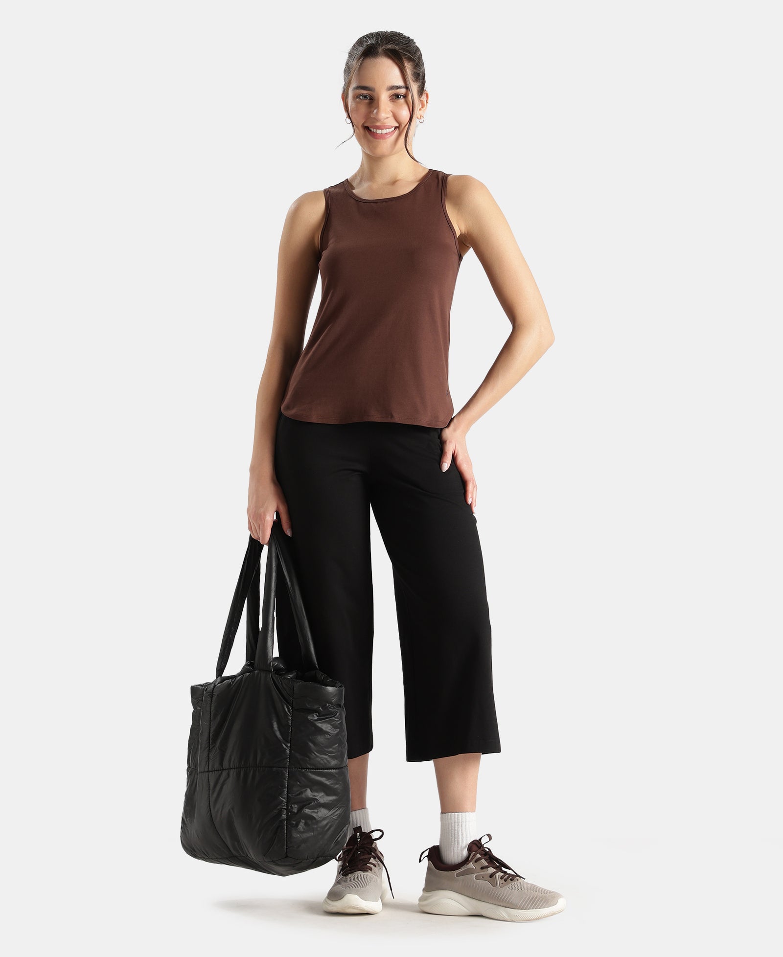 Super Combed Cotton Rich Solid Curved Hem Styled Tank Top - Chicory Coffee
