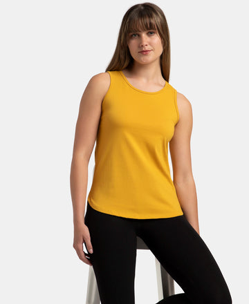 Super Combed Cotton Rich Solid Curved Hem Styled Tank Top - Golden Spice