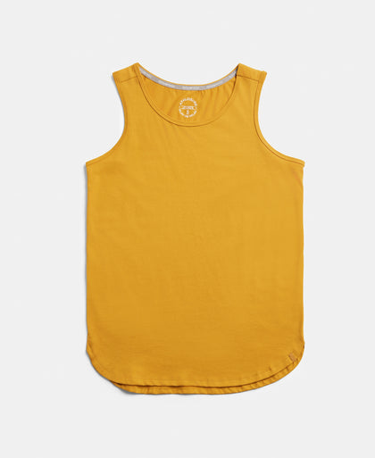 Super Combed Cotton Rich Solid Curved Hem Styled Tank Top - Golden Spice