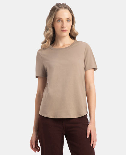Super Combed Cotton Rich Relaxed Fit Solid Curved Hem Styled Half Sleeve T-Shirt - Desert Taupe