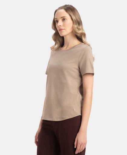 Super Combed Cotton Rich Relaxed Fit Solid Curved Hem Styled Half Sleeve T-Shirt - Desert Taupe
