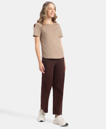 Super Combed Cotton Rich Relaxed Fit Solid Curved Hem Styled Half Sleeve T-Shirt - Desert Taupe