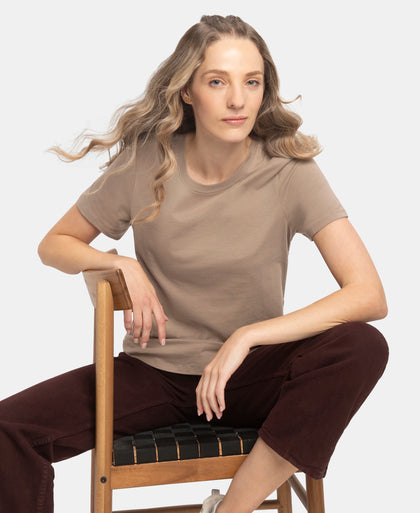 Super Combed Cotton Rich Relaxed Fit Solid Curved Hem Styled Half Sleeve T-Shirt - Desert Taupe