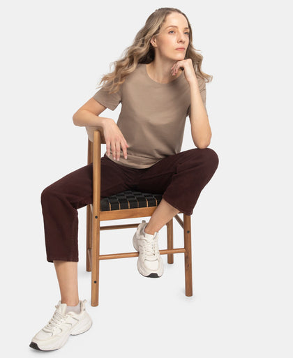 Super Combed Cotton Rich Relaxed Fit Solid Curved Hem Styled Half Sleeve T-Shirt - Desert Taupe