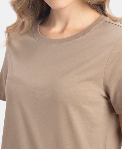 Super Combed Cotton Rich Relaxed Fit Solid Curved Hem Styled Half Sleeve T-Shirt - Desert Taupe