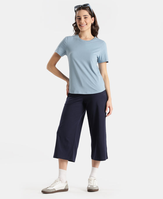 Super Combed Cotton Rich Relaxed Fit Solid Curved Hem Styled Half Sleeve T-Shirt - Mountain Spring