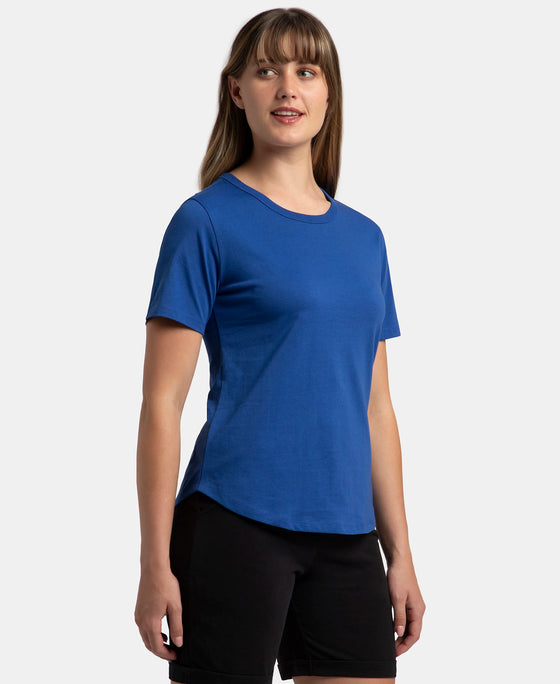 Super Combed Cotton Rich Relaxed Fit Solid Curved Hem Styled Half Sleeve T-Shirt - Mazarine Blue