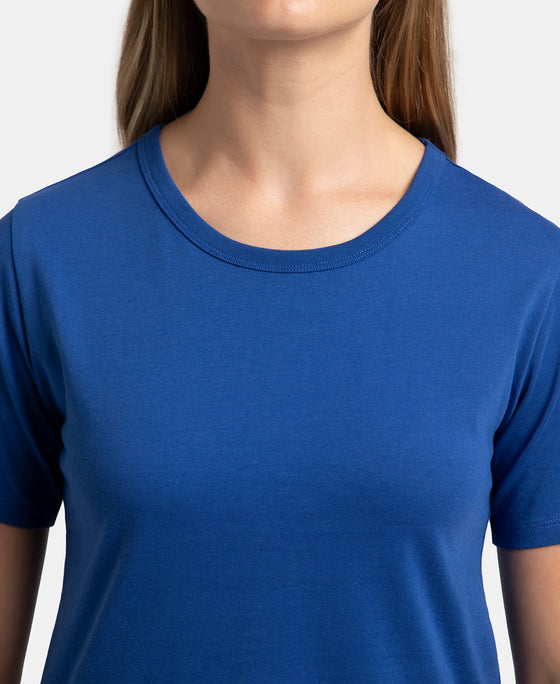 Super Combed Cotton Rich Relaxed Fit Solid Curved Hem Styled Half Sleeve T-Shirt - Mazarine Blue