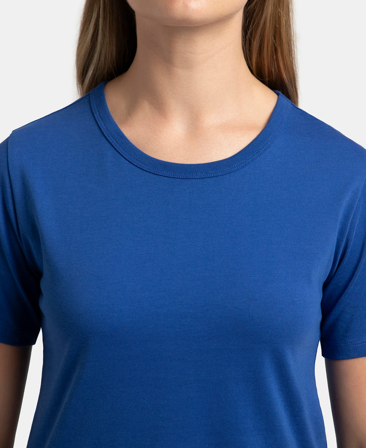 Super Combed Cotton Rich Relaxed Fit Solid Curved Hem Styled Half Sleeve T-Shirt - Mazarine Blue
