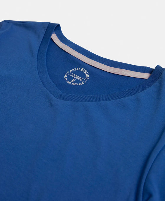 Super Combed Cotton Rich Relaxed Fit Solid Curved Hem Styled Half Sleeve T-Shirt - Mazarine Blue