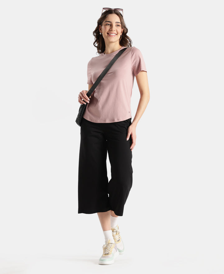 Super Combed Cotton Rich Relaxed Fit Solid Curved Hem Styled Half Sleeve T-Shirt - Woodrose