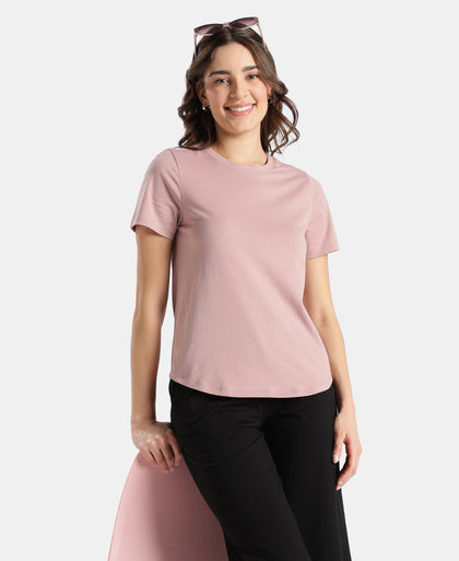 Super Combed Cotton Rich Relaxed Fit Solid Curved Hem Styled Half Sleeve T-Shirt - Woodrose