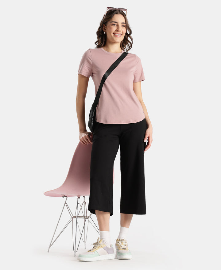 Super Combed Cotton Rich Relaxed Fit Solid Curved Hem Styled Half Sleeve T-Shirt - Woodrose