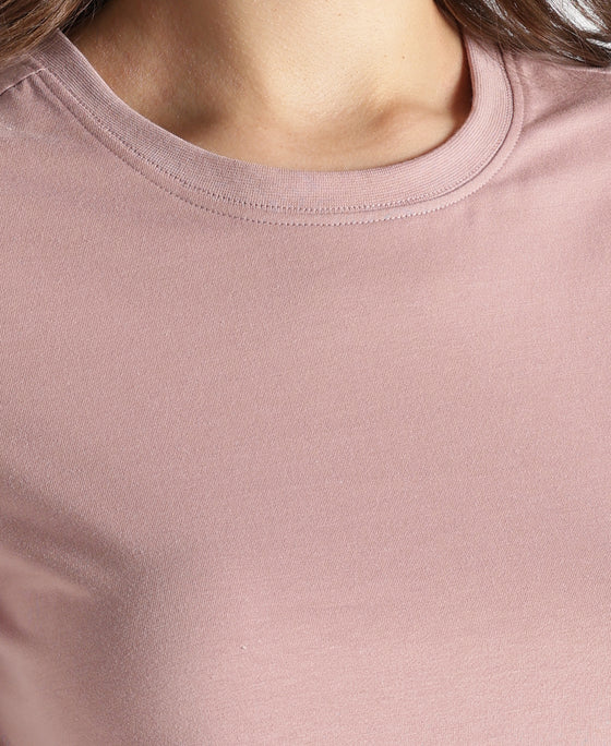 Super Combed Cotton Rich Relaxed Fit Solid Curved Hem Styled Half Sleeve T-Shirt - Woodrose