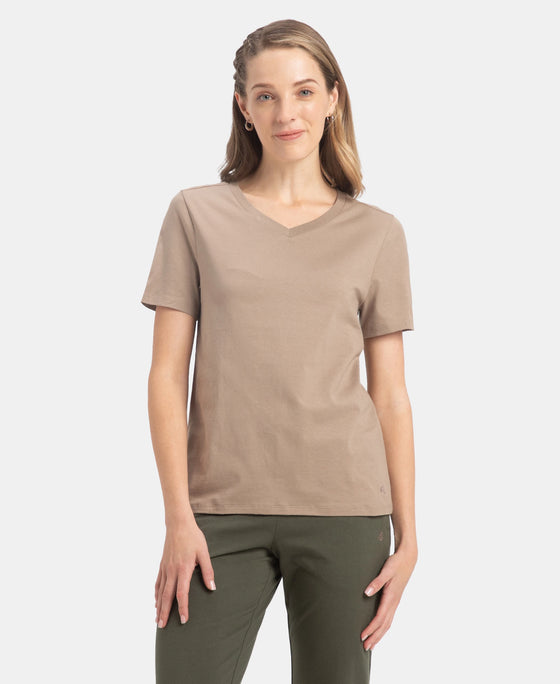 Super Combed Cotton Rich Fabric Relaxed Fit V-Neck Half Sleeve T-Shirt - Desert Taupe