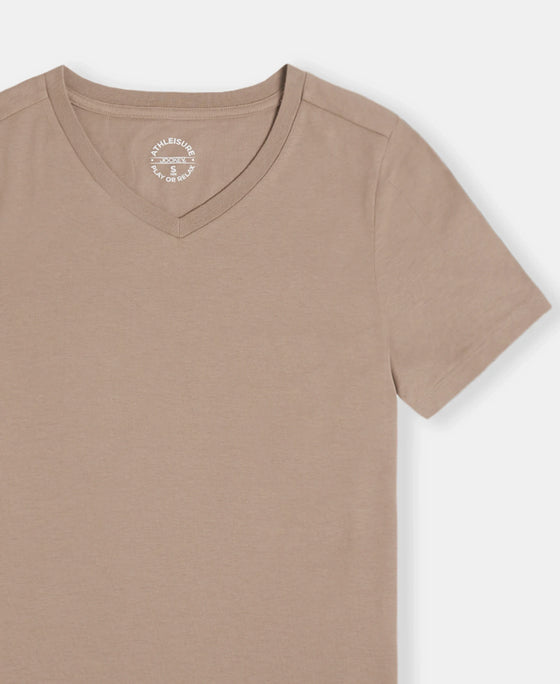 Super Combed Cotton Rich Fabric Relaxed Fit V-Neck Half Sleeve T-Shirt - Desert Taupe