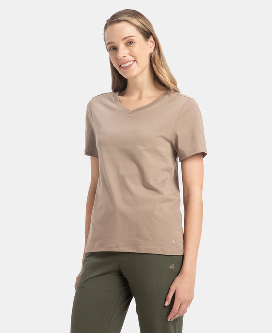 Super Combed Cotton Rich Fabric Relaxed Fit V-Neck Half Sleeve T-Shirt - Desert Taupe