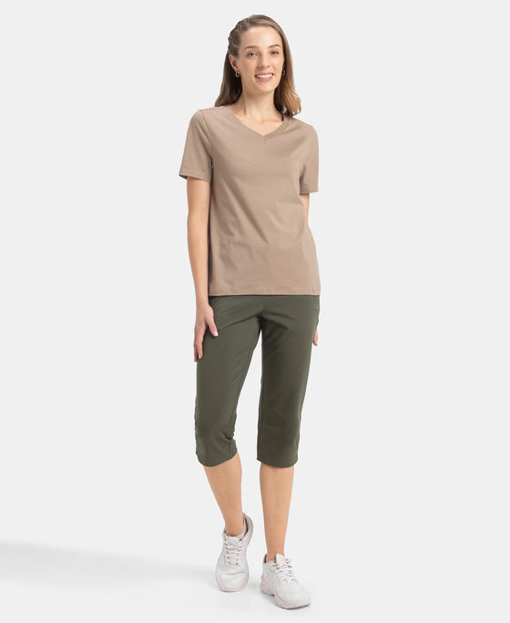 Super Combed Cotton Rich Fabric Relaxed Fit V-Neck Half Sleeve T-Shirt - Desert Taupe