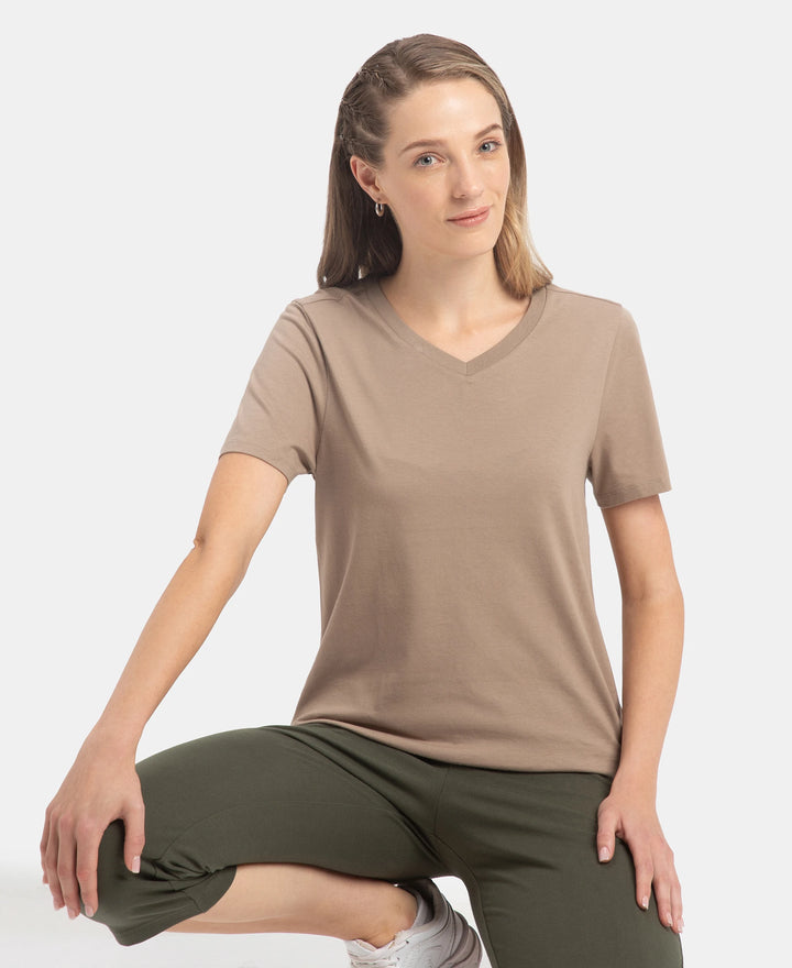 Super Combed Cotton Rich Fabric Relaxed Fit V-Neck Half Sleeve T-Shirt - Desert Taupe