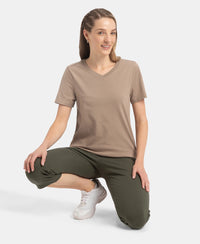 Super Combed Cotton Rich Fabric Relaxed Fit V-Neck Half Sleeve T-Shirt - Desert Taupe