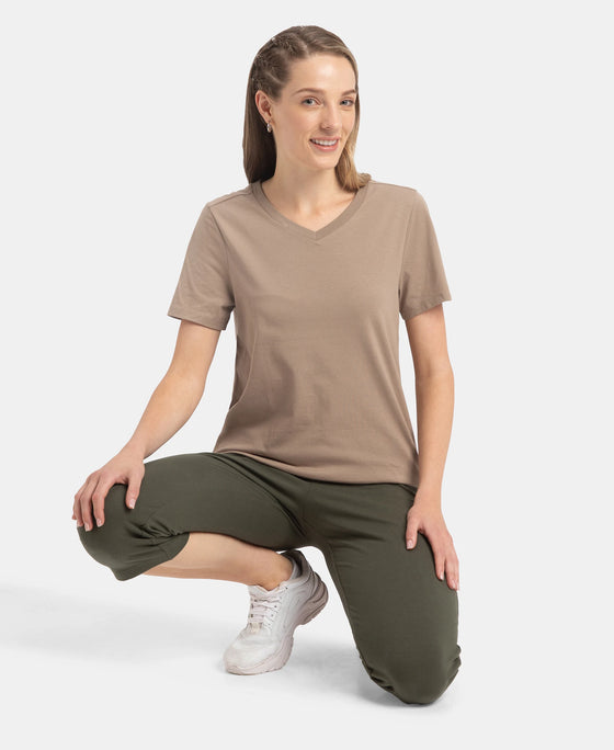 Super Combed Cotton Rich Fabric Relaxed Fit V-Neck Half Sleeve T-Shirt - Desert Taupe