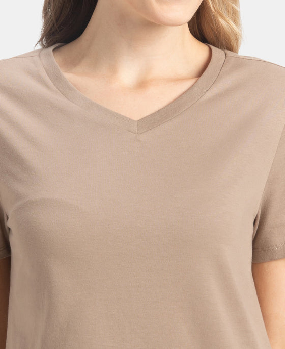 Super Combed Cotton Rich Fabric Relaxed Fit V-Neck Half Sleeve T-Shirt - Desert Taupe