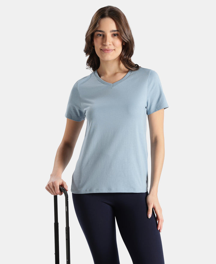 Super Combed Cotton Rich Fabric Relaxed Fit V-Neck Half Sleeve T-Shirt - Mountain Spring