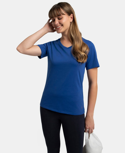 Super Combed Cotton Rich Fabric Relaxed Fit V-Neck Half Sleeve T-Shirt - Mazarine Blue