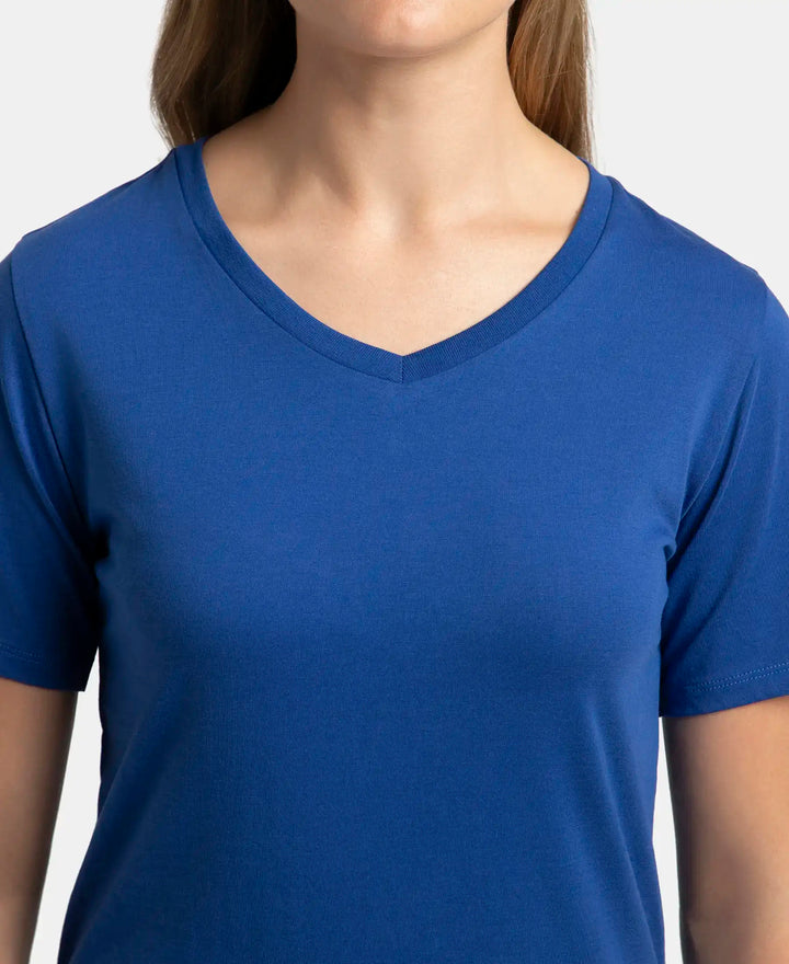 Super Combed Cotton Rich Fabric Relaxed Fit V-Neck Half Sleeve T-Shirt - Mazarine Blue