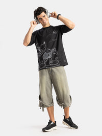 Disney Mickey Mouse Super Combed Cotton Rich Graphic Printed Oversized T-Shirt - Black