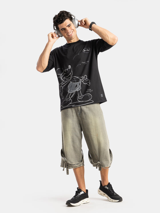 Disney Mickey Mouse Super Combed Cotton Rich Graphic Printed Oversized T-Shirt - Black
