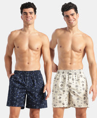 Disney Mickey Mouse Super Combed Mercerized Cotton Woven Printed Boxer Shorts with Side Pockets - Almond Milk & Navy (Pack of 2)